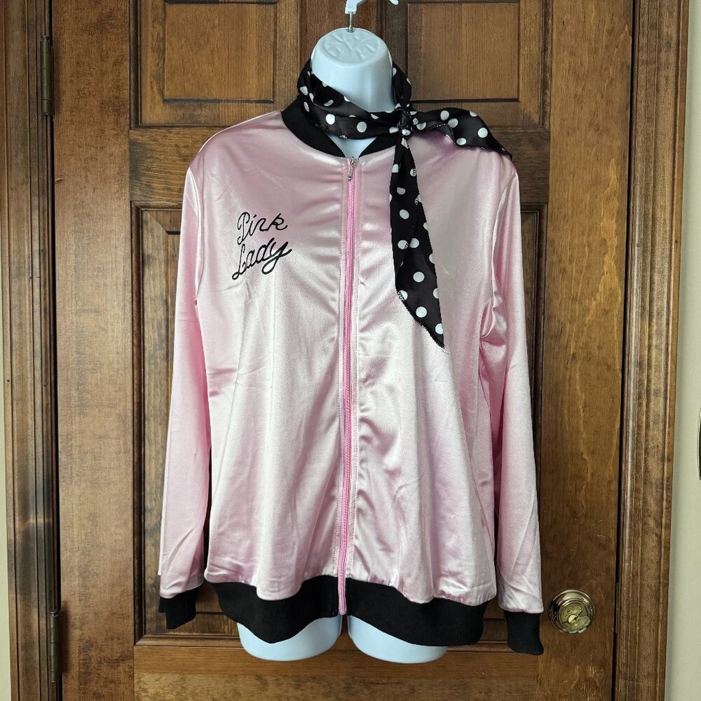 "Pink Ladies" Satin Jacket w/Black & White Polka Dot Scarf Large
